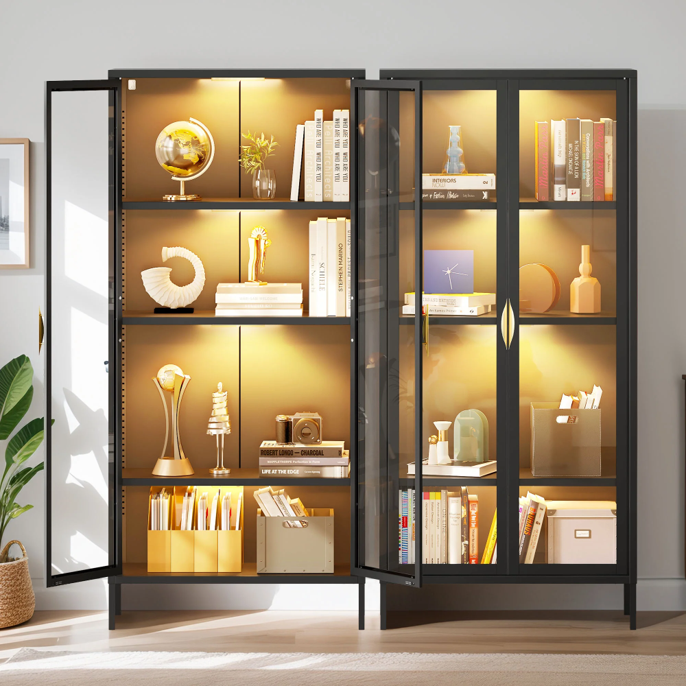 71.8" H Tall Storage Cabinet with LED Light, Display Cabinet with Glass Door, Curio Cabinet Trophy Display Case