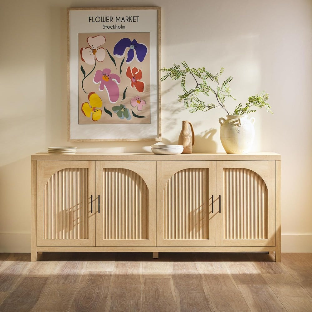 Modern 70" Reeded Sideboard, Credenza with Doors for Kitchen, Dining Room, Media and Game Storage, Buffet Cabinet