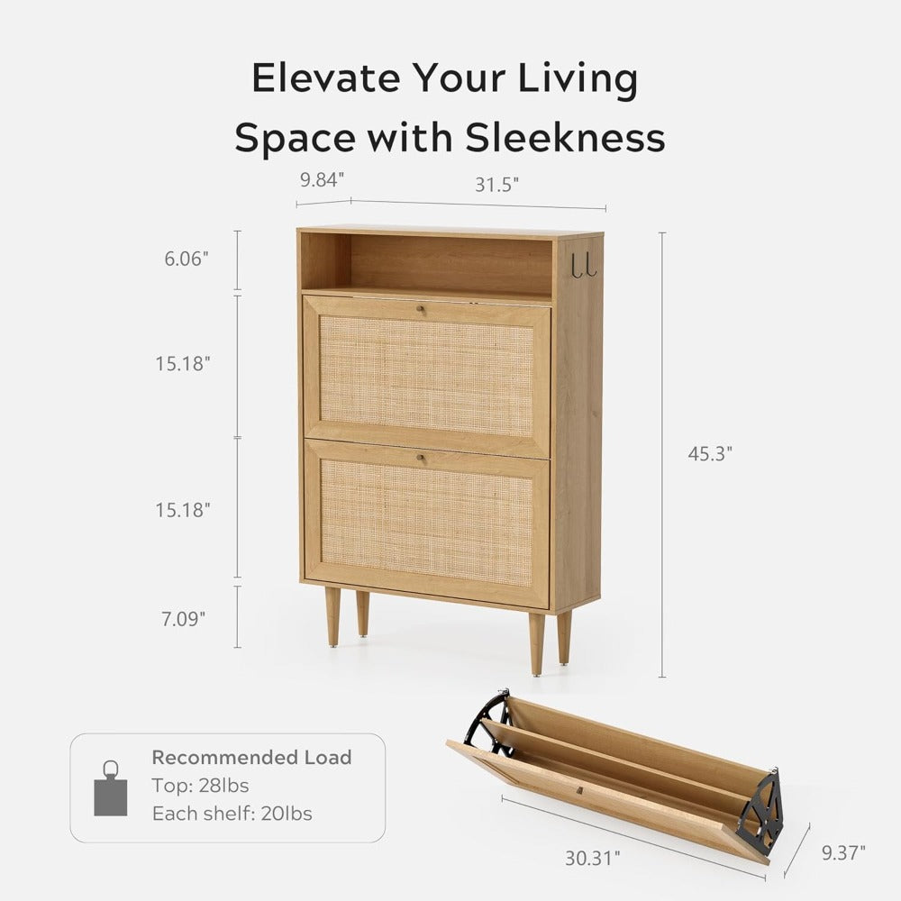 Narrow Shoe Cabinet Set of 2, Wooden Rattan Slim Shoe Storage Organizer with with 2 Flip Drawers & Open Compartment, Freestandin
