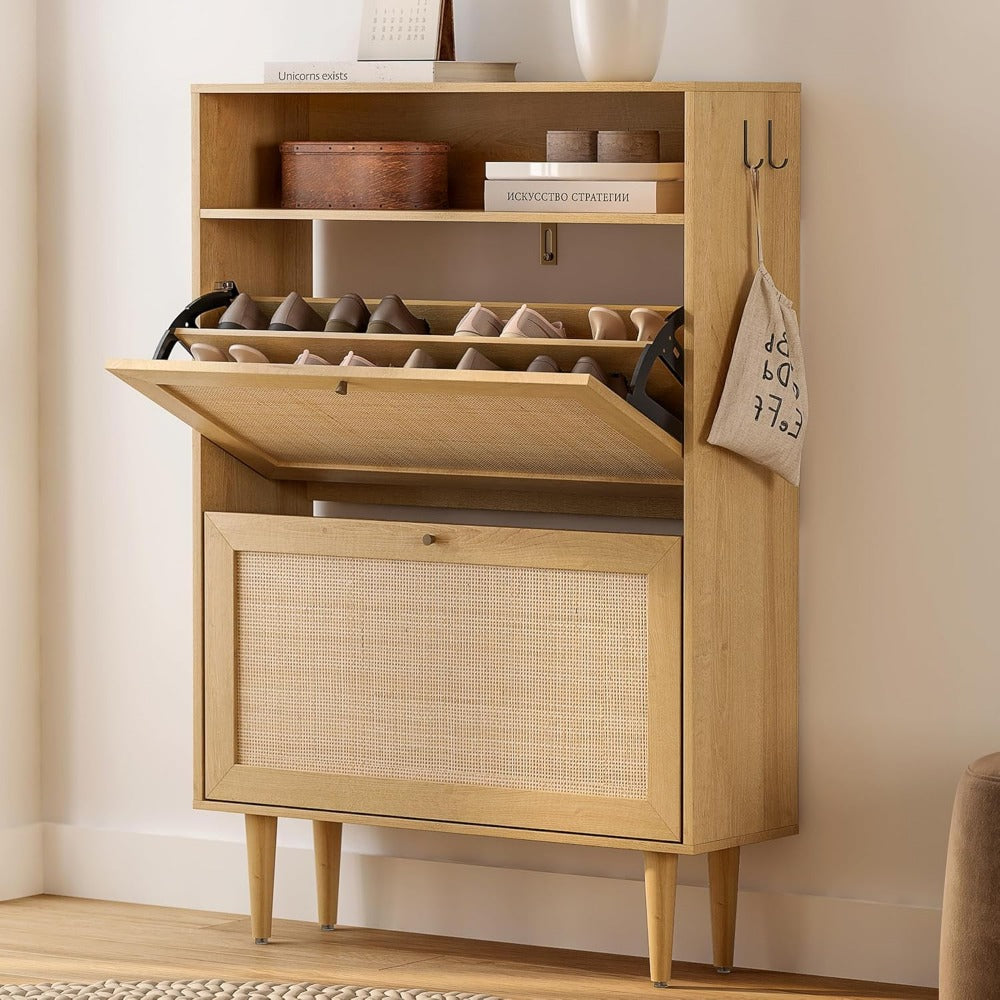 Narrow Shoe Cabinet Set of 2, Wooden Rattan Slim Shoe Storage Organizer with with 2 Flip Drawers & Open Compartment, Freestandin