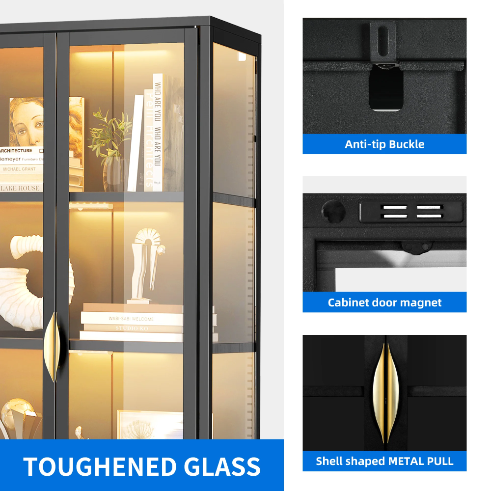 71.8" H Tall Storage Cabinet with LED Light, Display Cabinet with Glass Door, Curio Cabinet Trophy Display Case