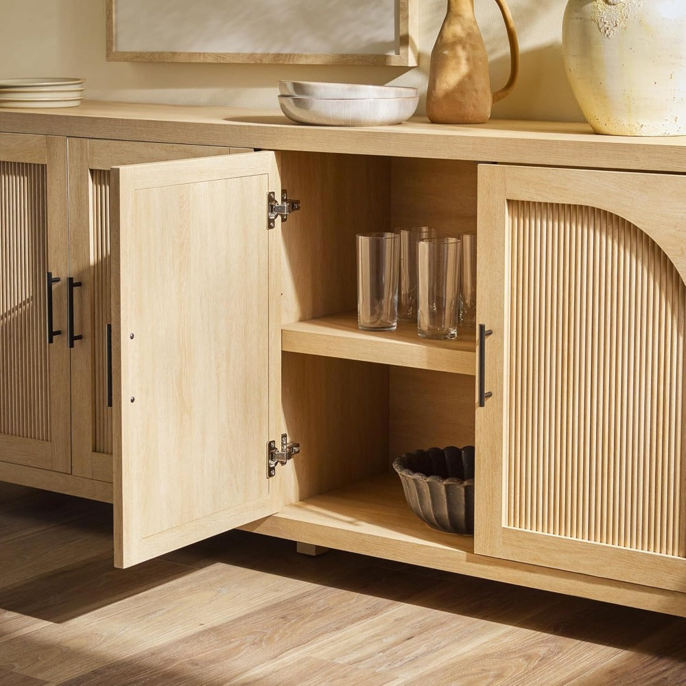 Modern 70" Reeded Sideboard, Credenza with Doors for Kitchen, Dining Room, Media and Game Storage, Buffet Cabinet