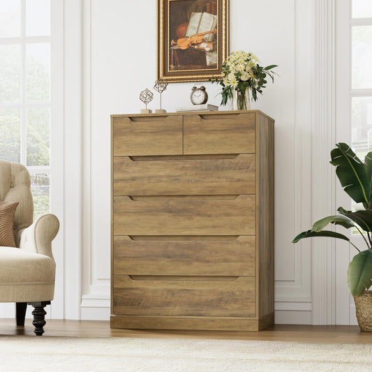 Modern 6 Drawer Dresser for Bedroom, Tall Chest of Drawers with Storage, Large Wood Storage Chest Organizers with Cut-Ou