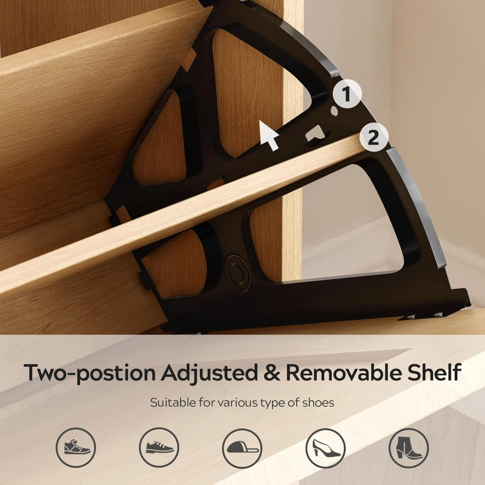 Narrow Shoe Cabinet Set of 2, Wooden Rattan Slim Shoe Storage Organizer with with 2 Flip Drawers & Open Compartment, Freestandin